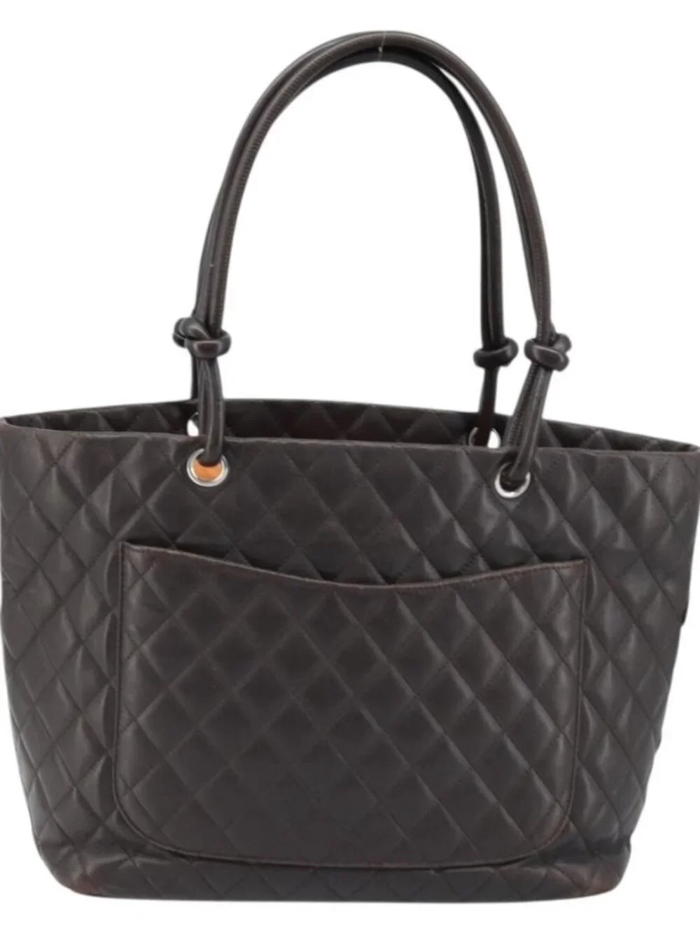 CHANEL Cambon Line Matelasse Tote Bag Leather Brown Silver CC Auth 170655